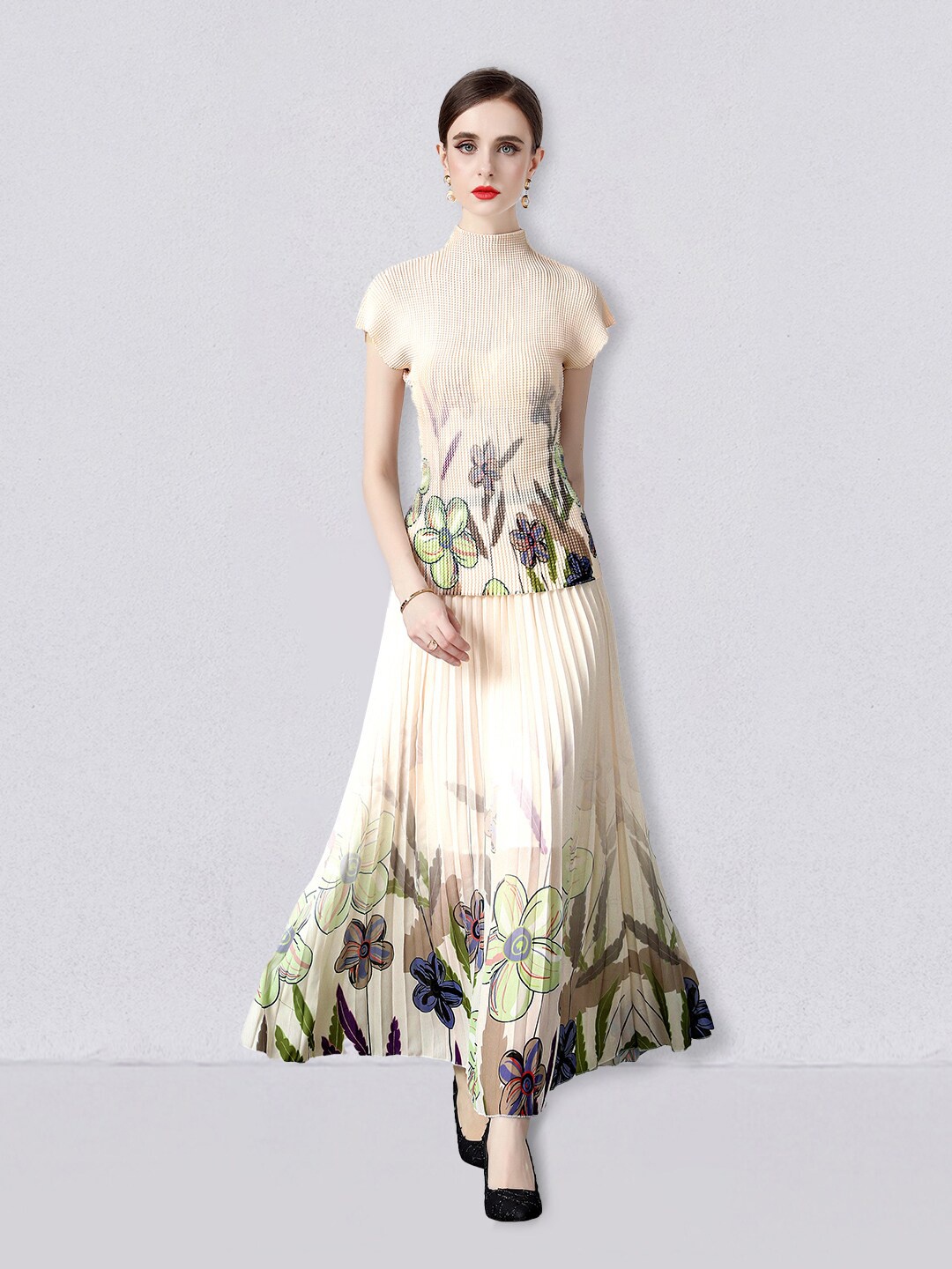 

JC Collection Floral Printed Top with Maxi Skirt, Beige