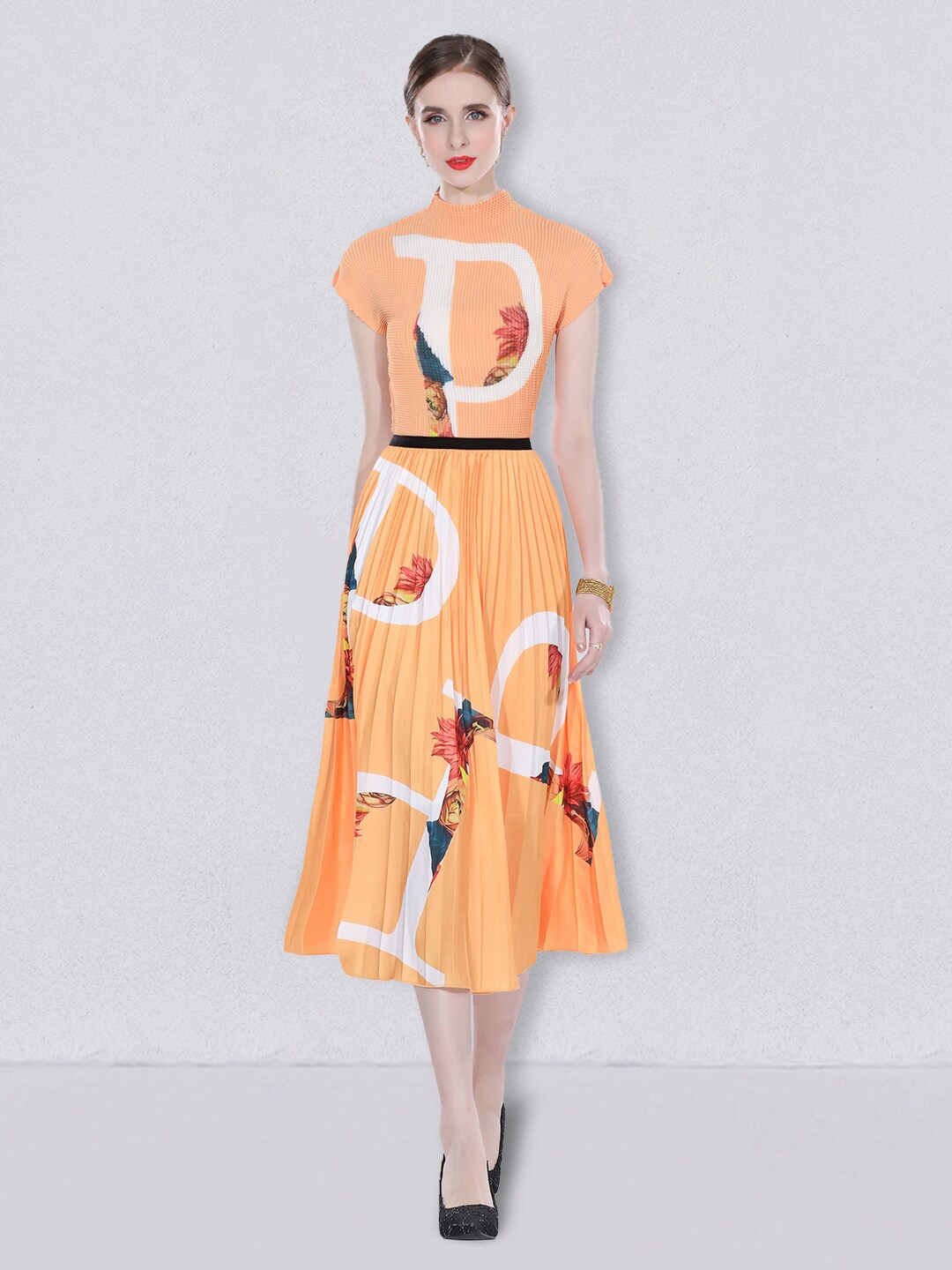 

JC Collection Typography Printed Tops And Skirts, Orange