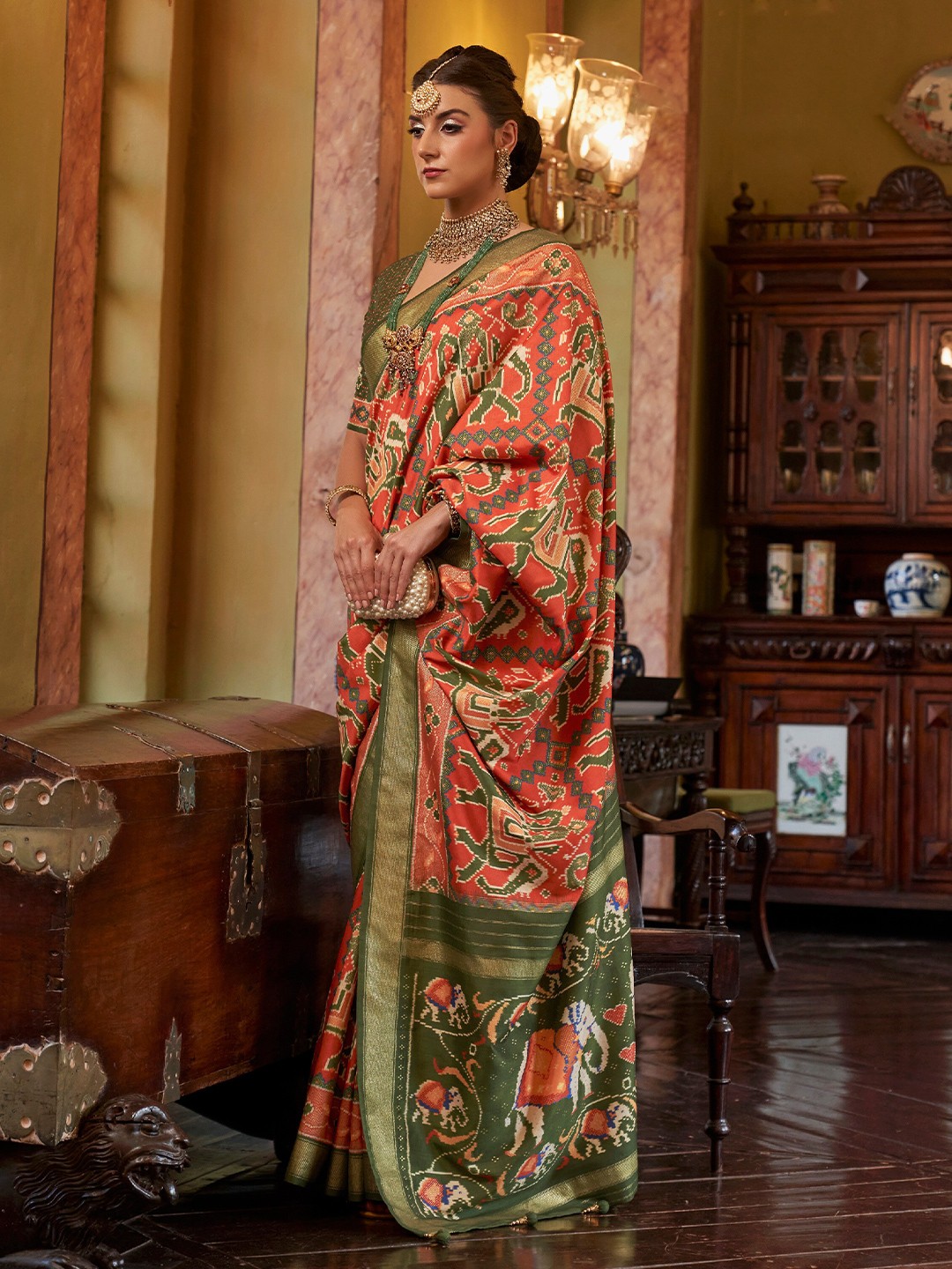 

elora Ethnic Motifs Zari Pure Silk Pochampally Saree, Orange