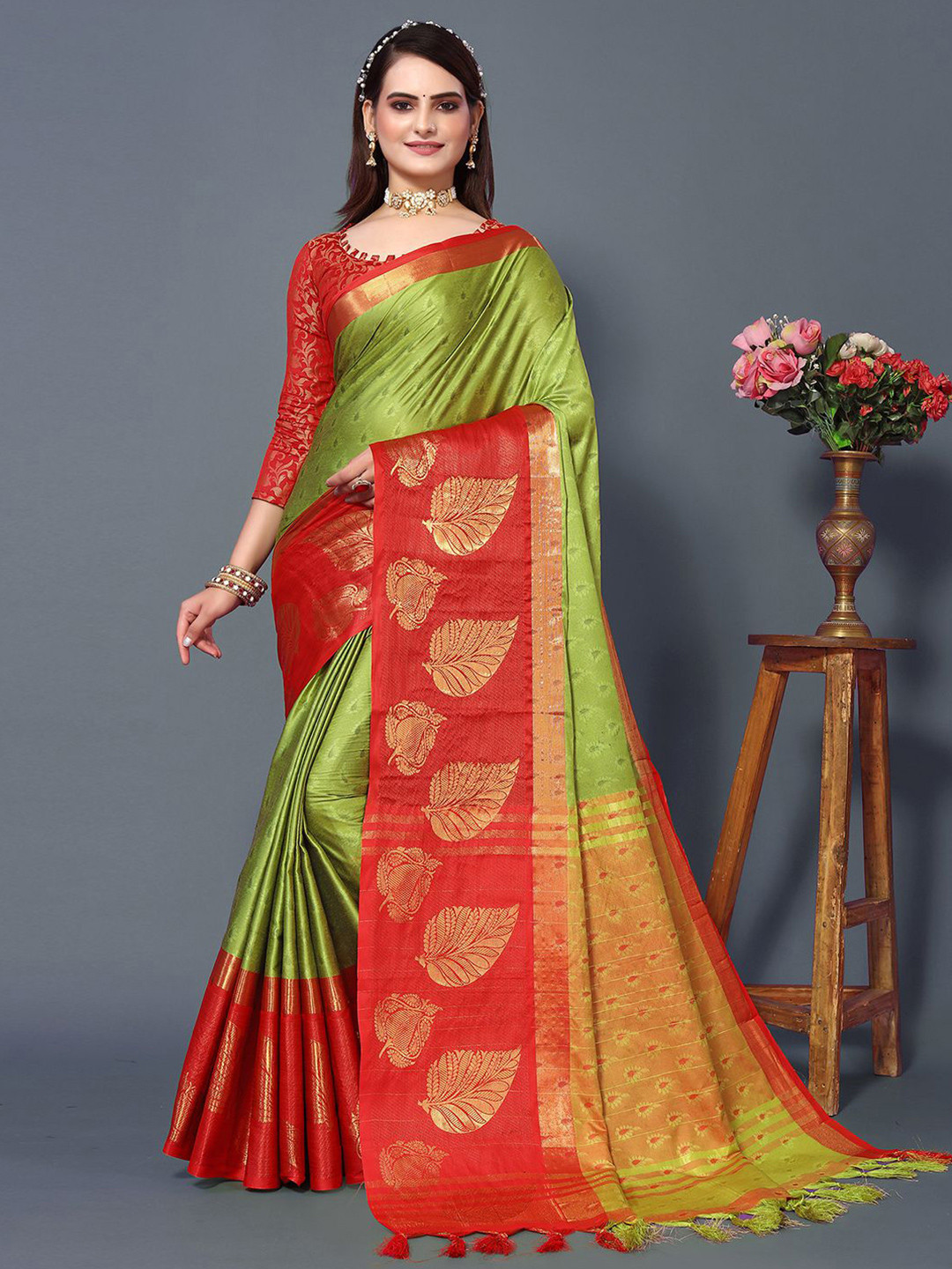 

Mitera Olive & Red Woven Design Zari Silk Cotton Saree