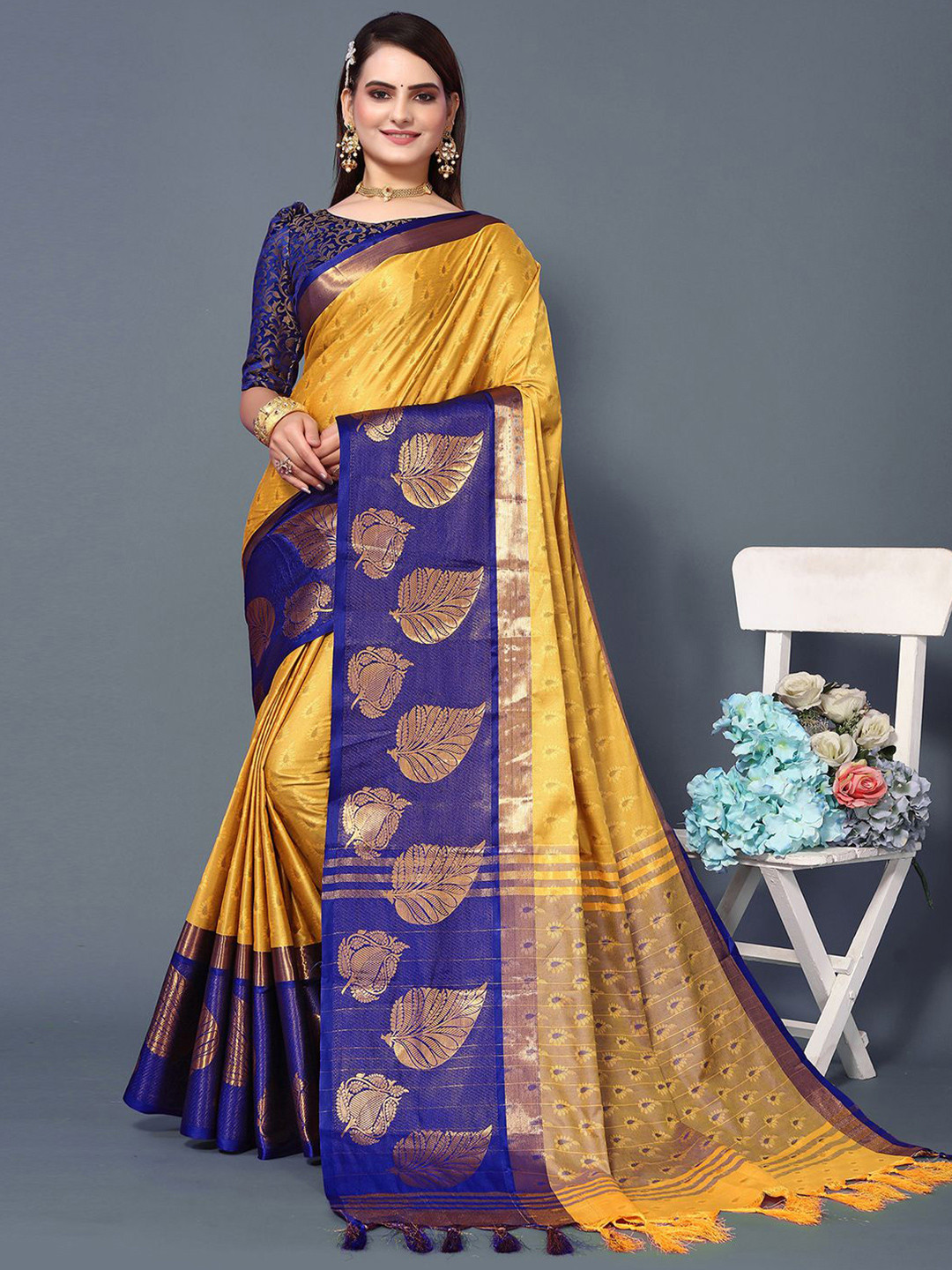 

Mitera Orange & Blue Woven Design Zari Silk Cotton Saree