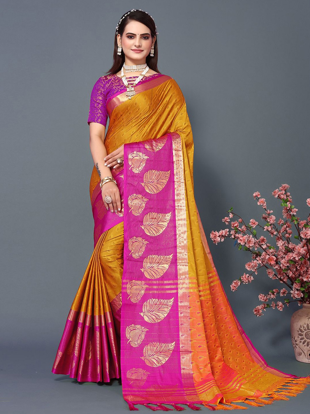 

Mitera Yellow & Pink Woven Design Zari Silk Cotton Saree