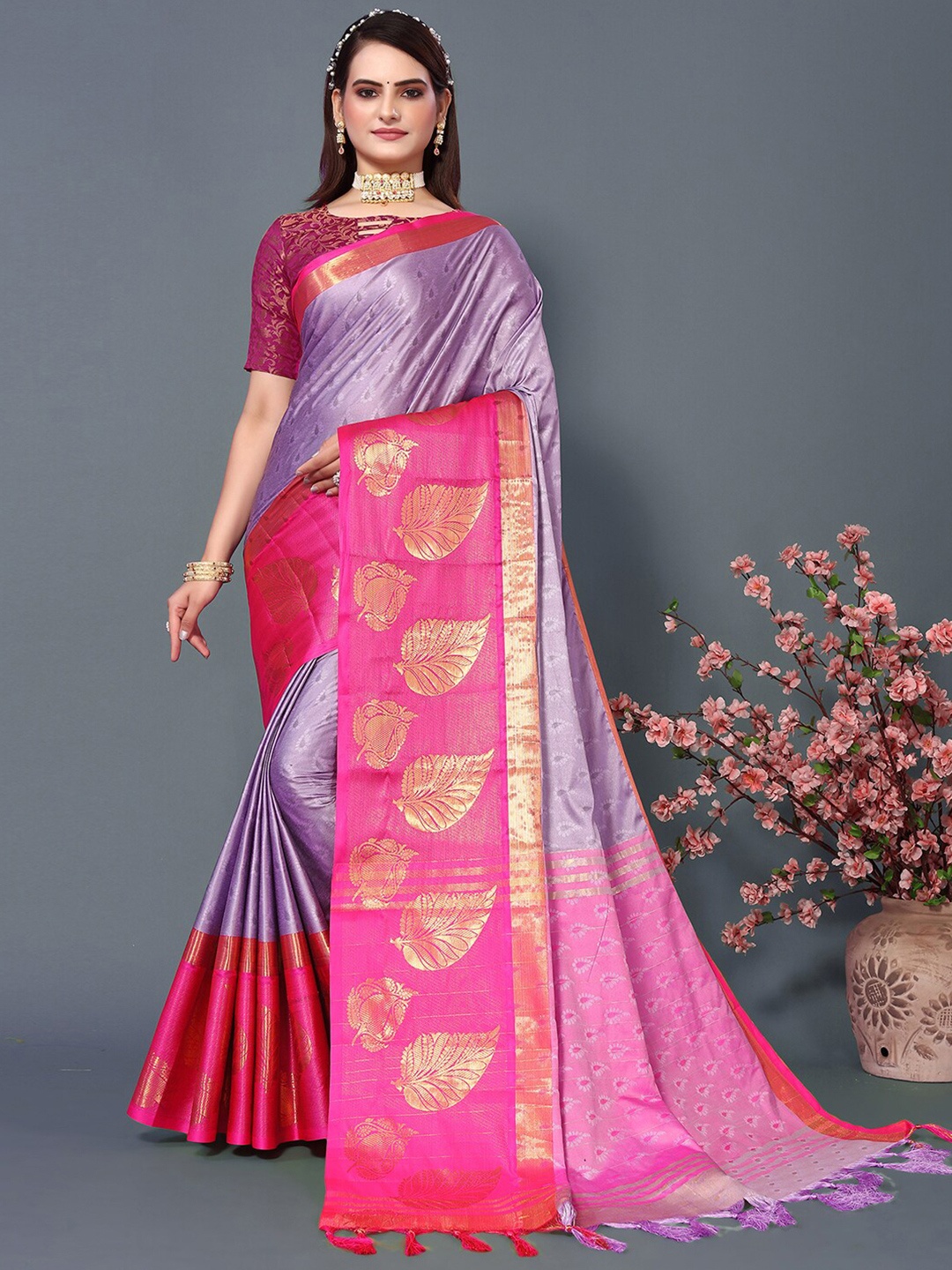 

Mitera Lavender & Pink Woven Design Zari Silk Cotton Saree