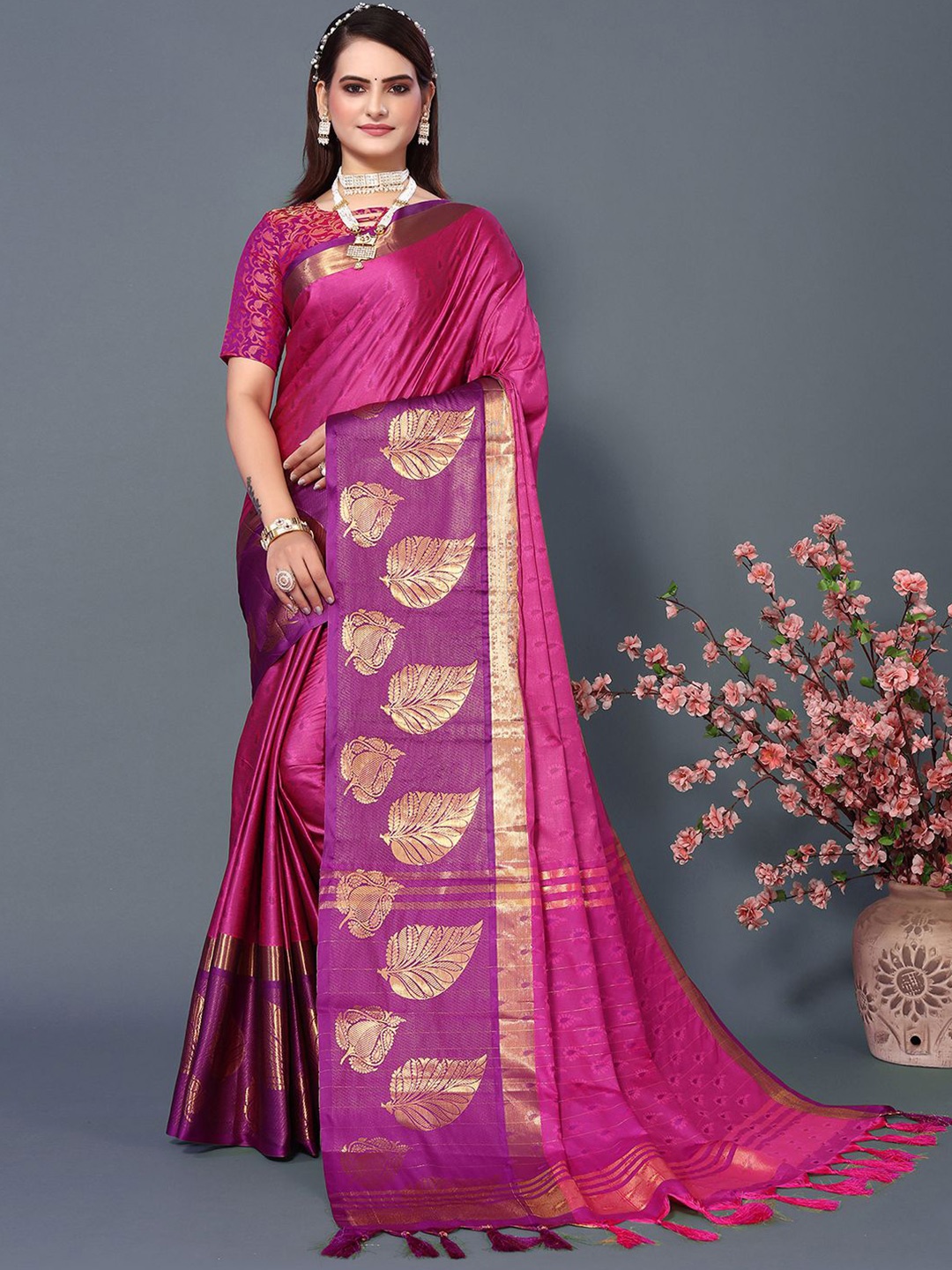 

Mitera Pink & Purple Woven Design Zari Silk Cotton Saree