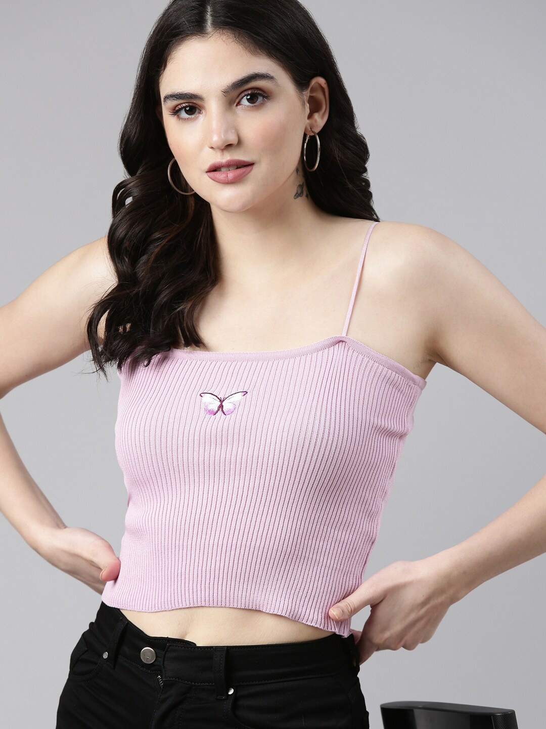 

SHOWOFF Shoulder Straps Cotton Crop Top, Lavender