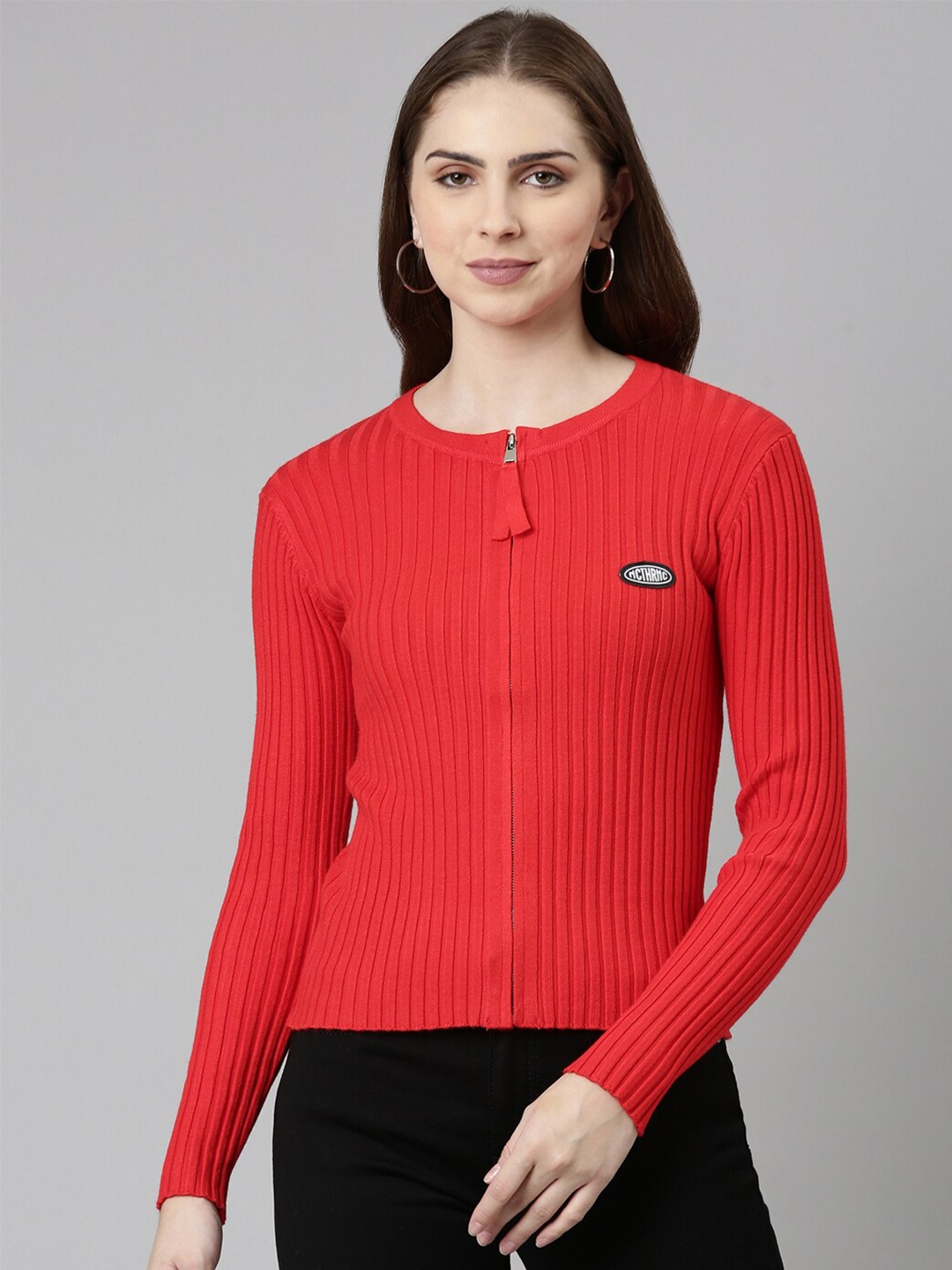 

SHOWOFF Striped Acrylic Round Neck Top, Red