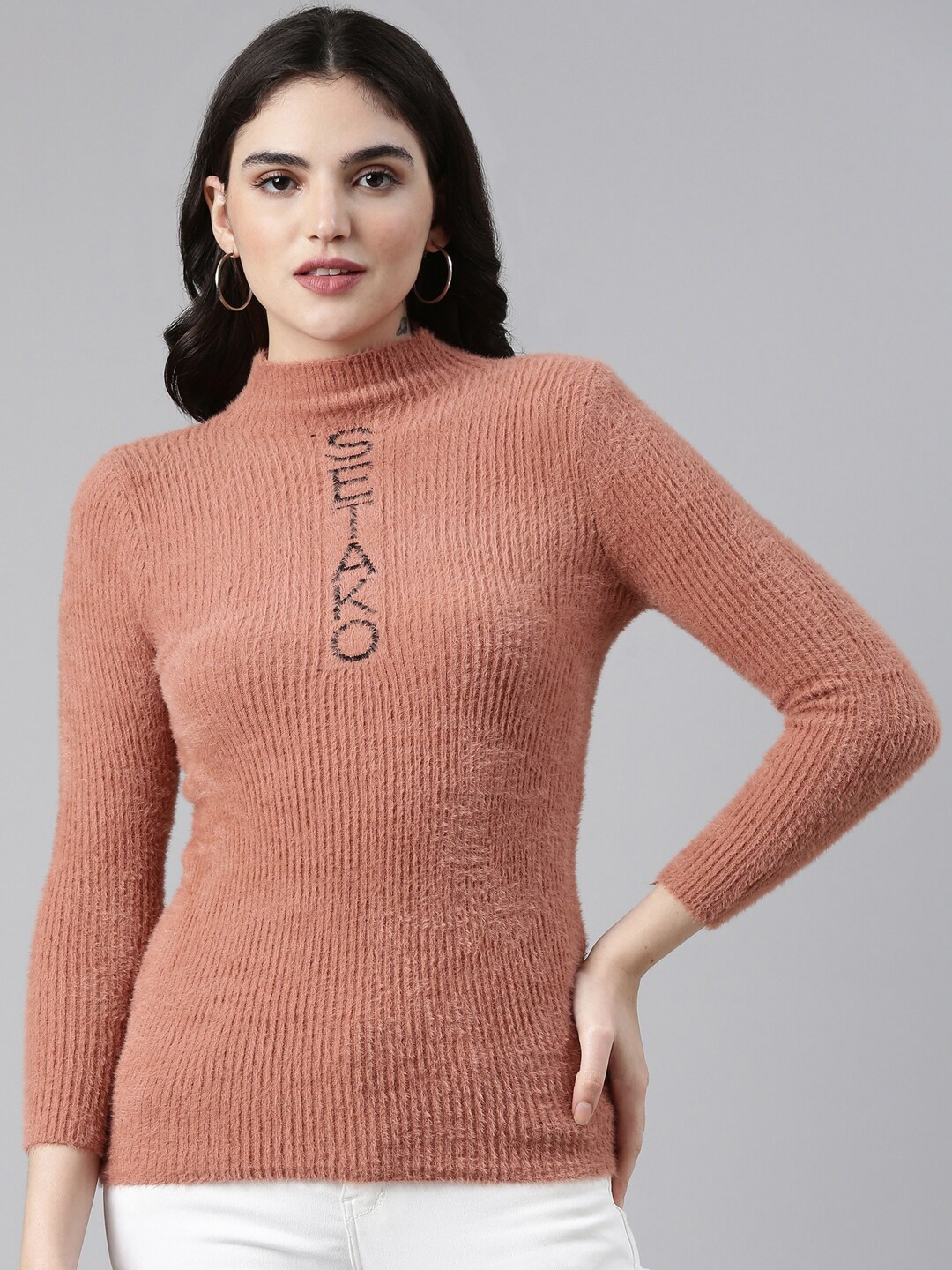 

SHOWOFF High Neck Ribbed Woollen Top, Rust