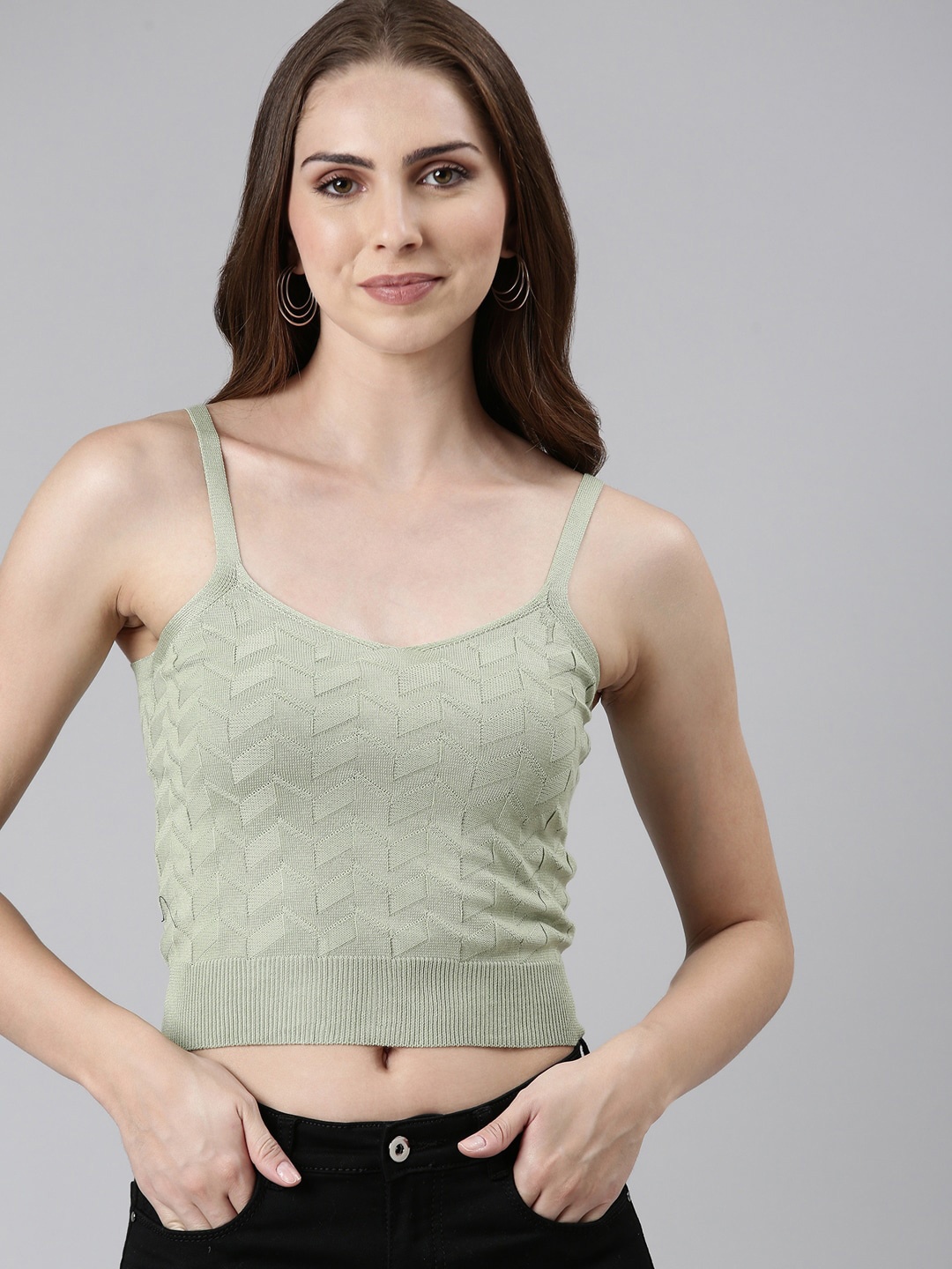 

SHOWOFF Self Design Shoulder Straps Fitted Crop Top, Olive