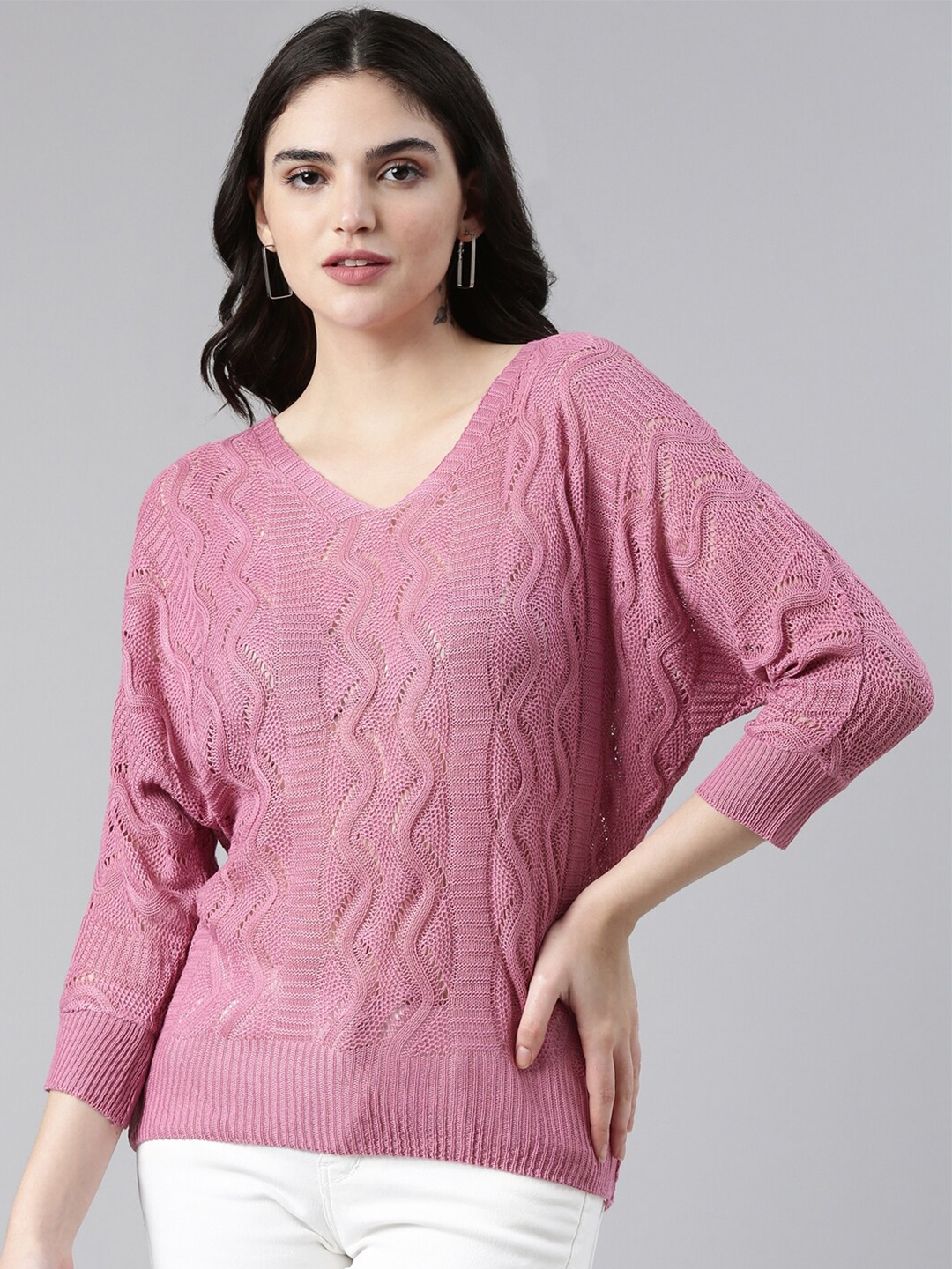 

SHOWOFF V-Neck Woollen Crochet Top, Mauve