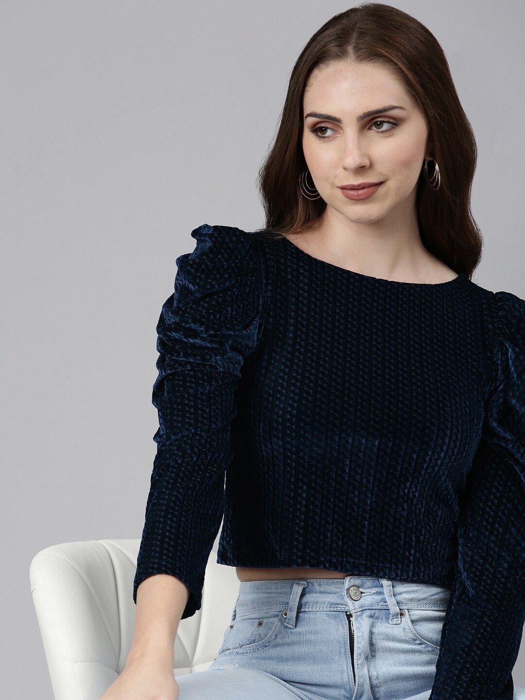 

SHOWOFF Self Design Puff Sleeves Crop Top, Teal