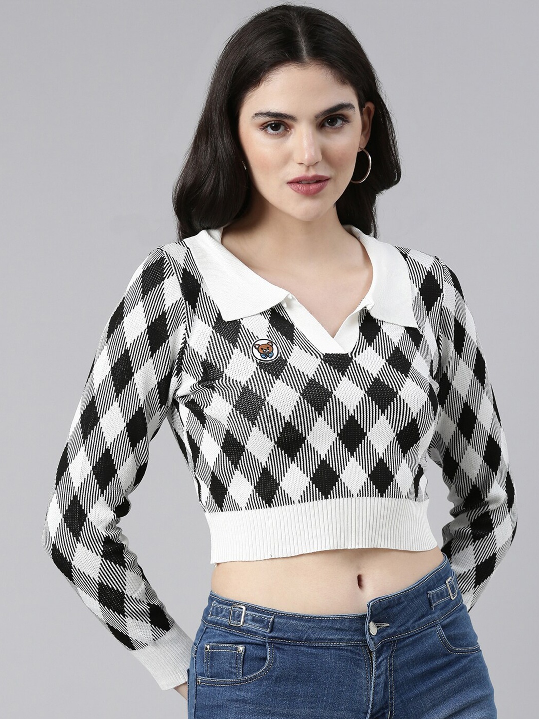

SHOWOFF Checked Cotton Crop Top, White