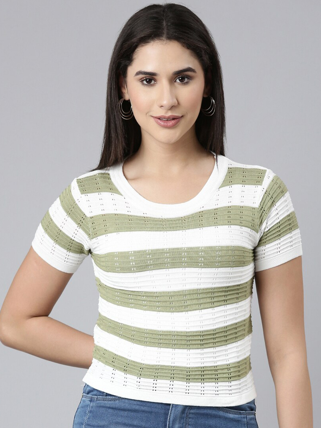 

SHOWOFF Striped Cotton Crop Top, White