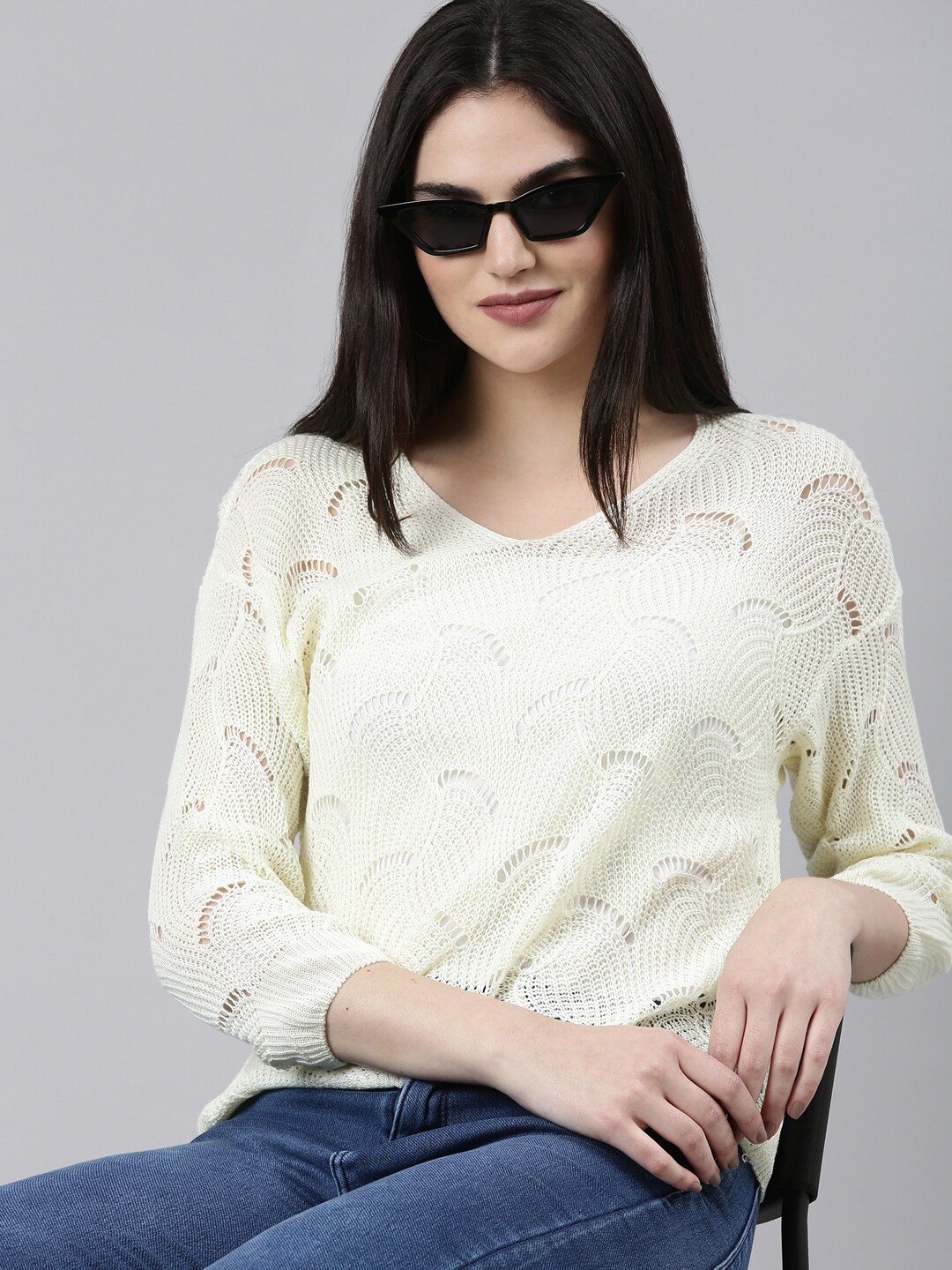 

SHOWOFF Self Design Semi Sheer Woollen Top, Cream