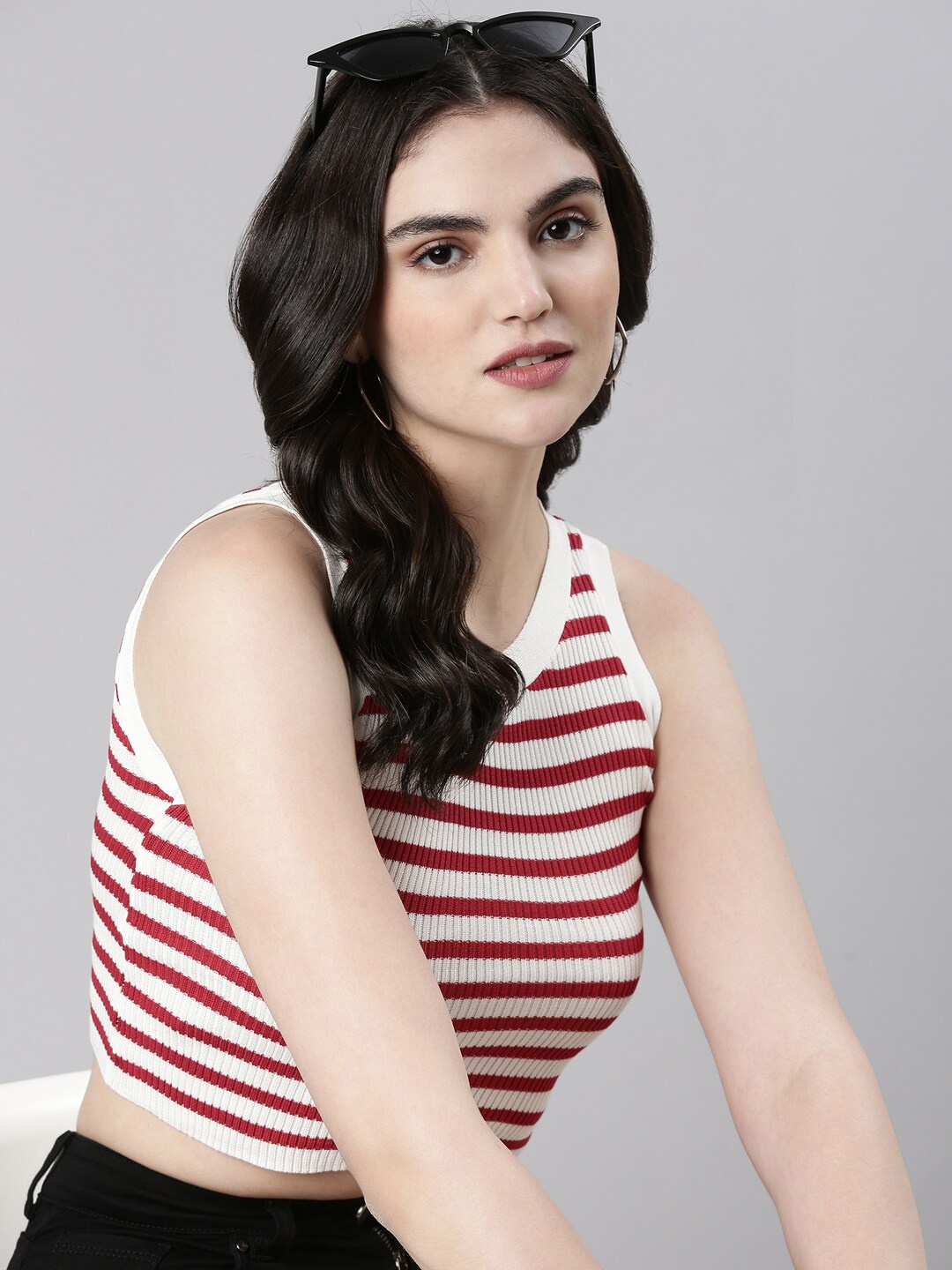 

SHOWOFF Striped Cotton Crop Tank Top, White