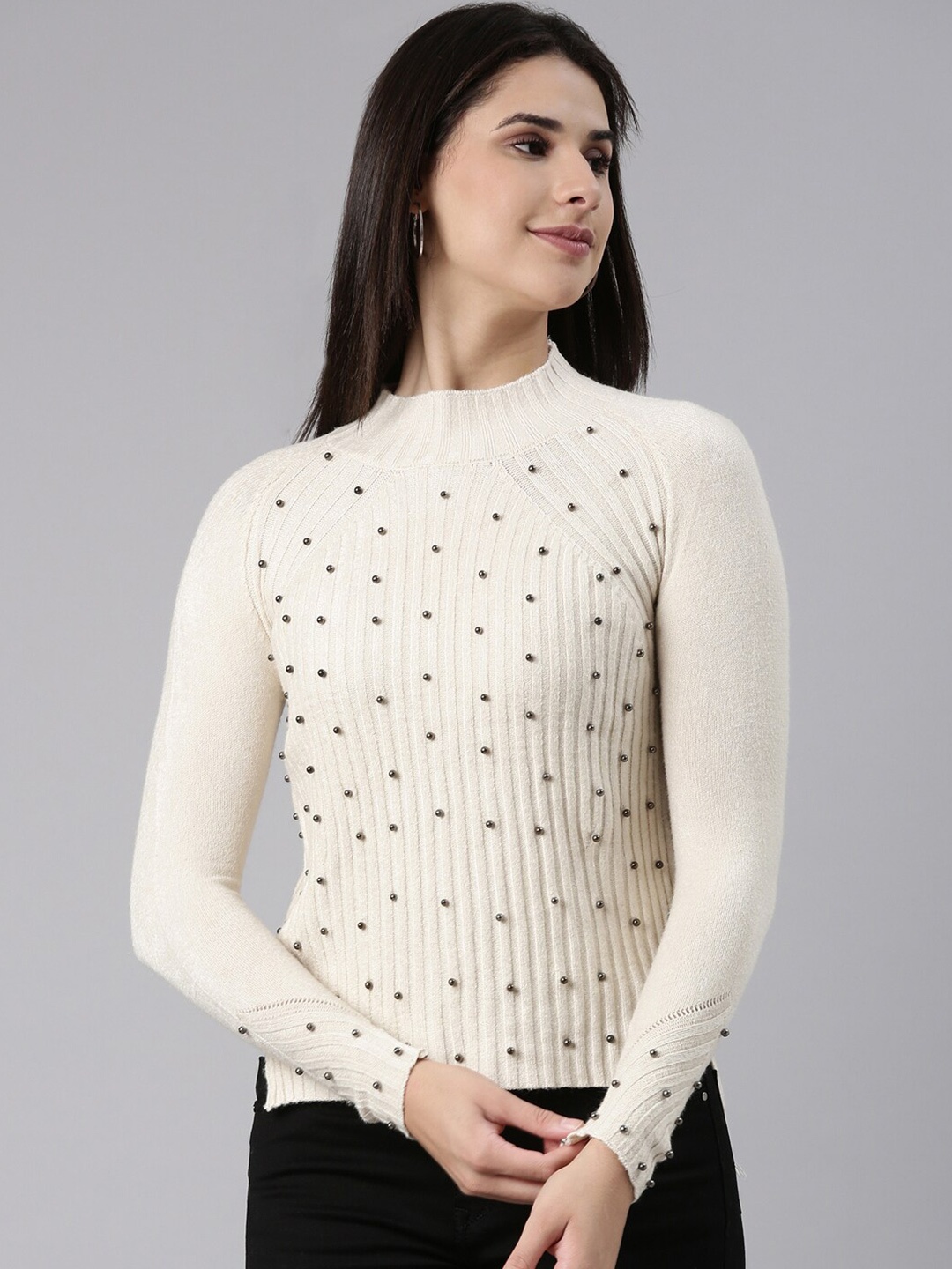 

SHOWOFF Self Design Acrylic Raglan Sleeves Top, Beige