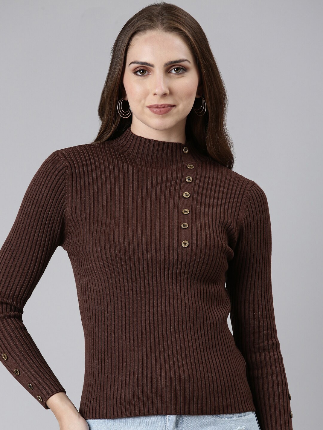 

SHOWOFF Striped High Neck Top, Coffee brown