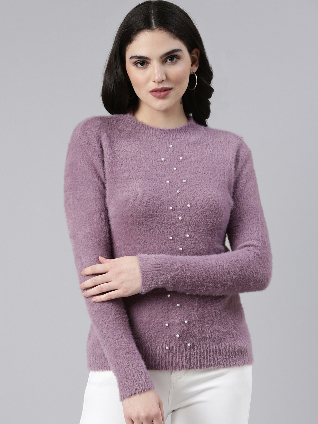

SHOWOFF Studded High Neck Woollen Top, Purple