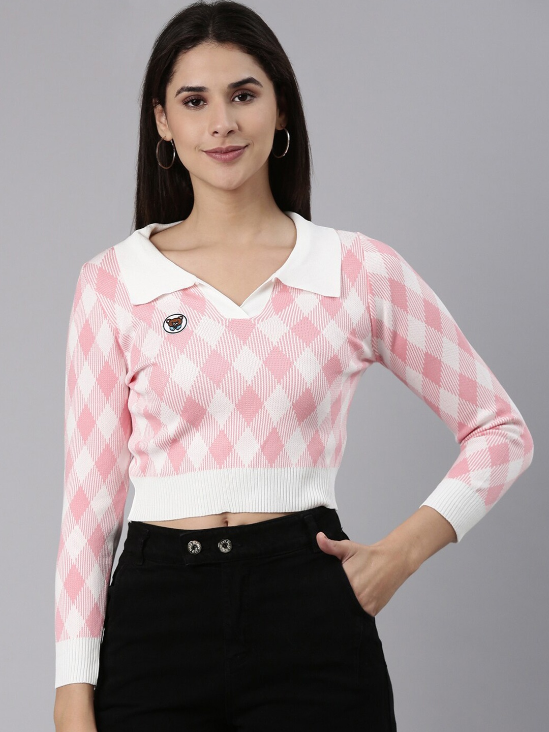 

SHOWOFF Checked Spread Collar Top, Pink