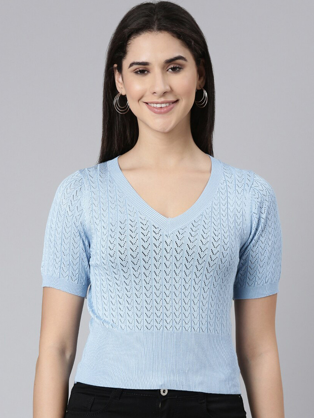 

SHOWOFF V-Neck Self Designed Top, Blue