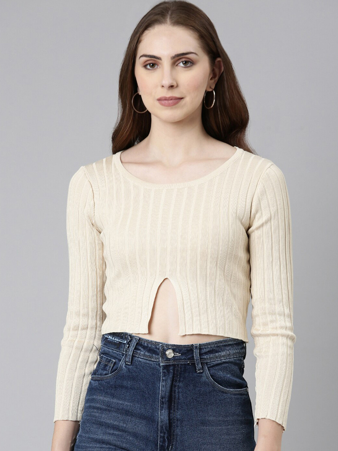 

SHOWOFF Vertical Striped Round Neck Top, Beige