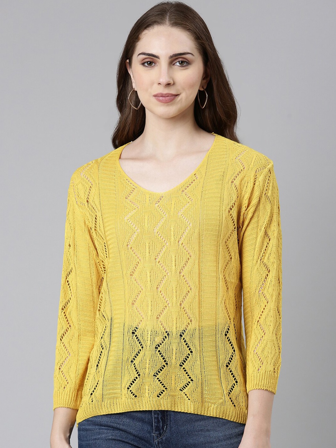 

SHOWOFF V-Neck Self Design Woollen Top, Mustard