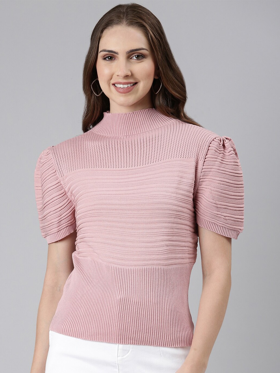 

SHOWOFF Striped High Neck Acrylic Top, Pink
