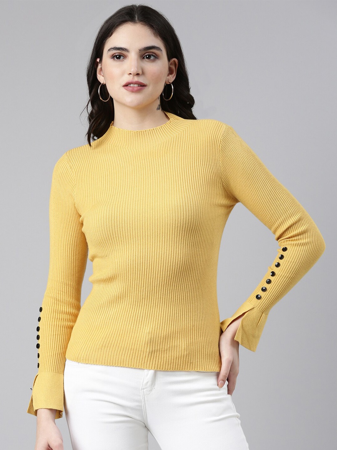 

SHOWOFF High Neck Cotton Fitted Top, Yellow