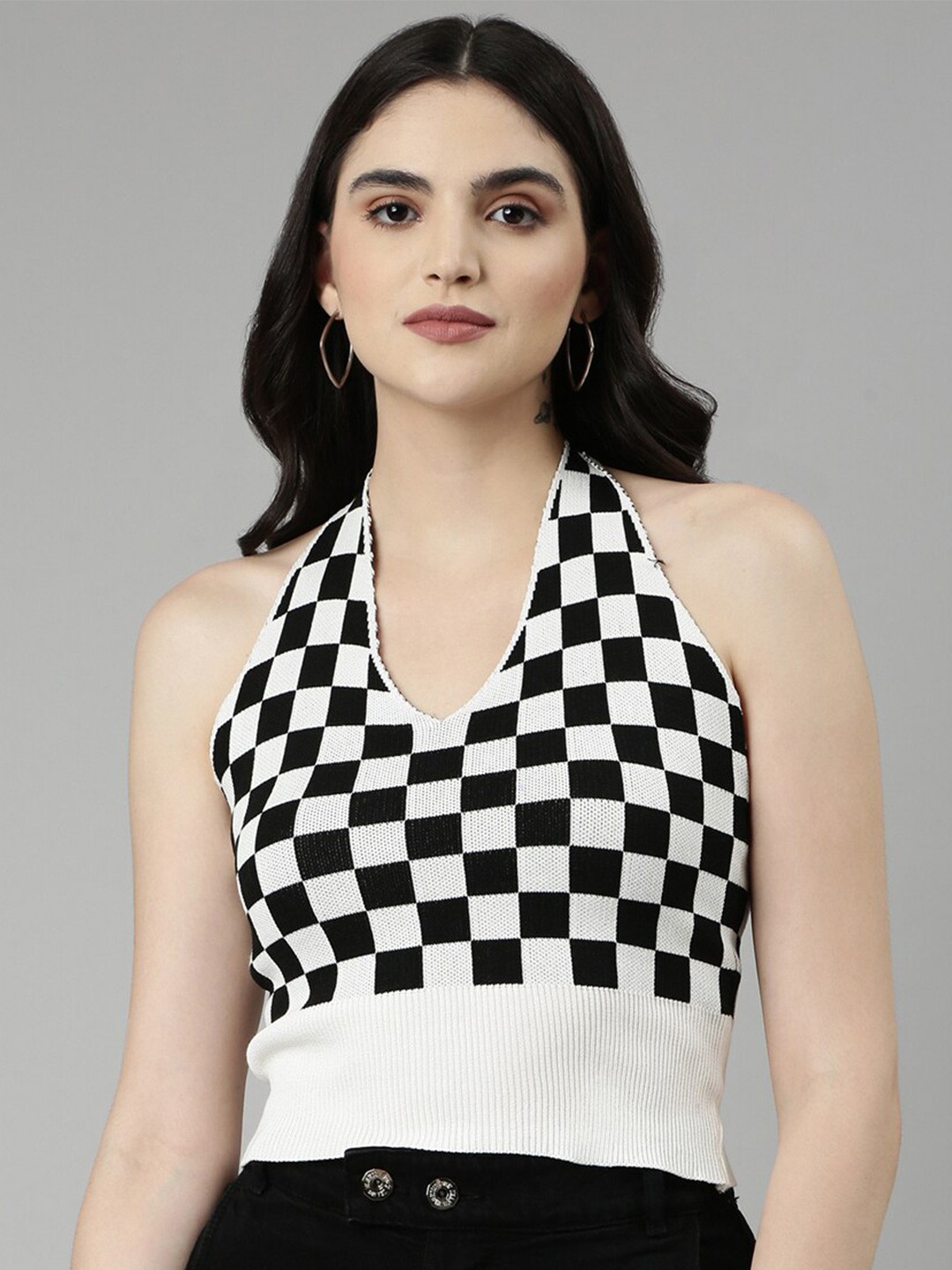 

SHOWOFF Halter Neck Checked Crop Top, White