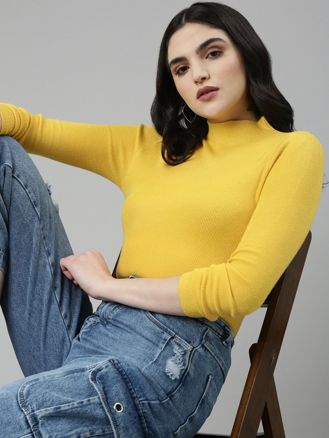 

SHOWOFF High Neck Long Sleeves Fitted Top, Yellow