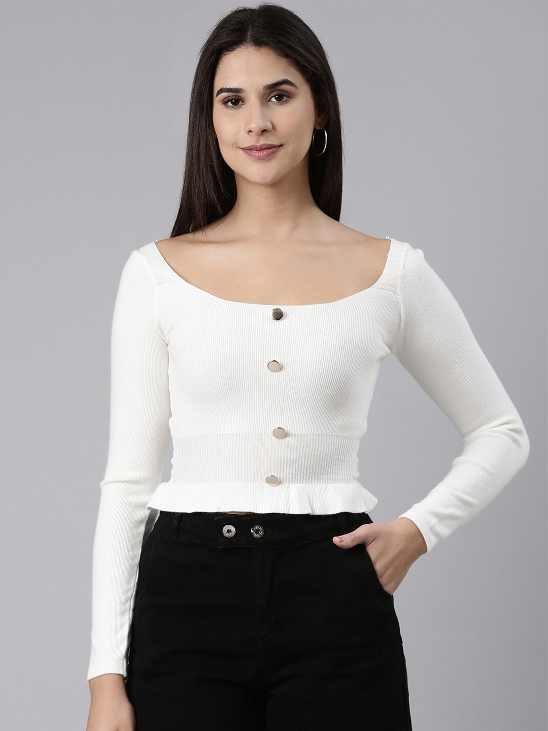 

SHOWOFF Scoop Neck Long Sleeves Top, White