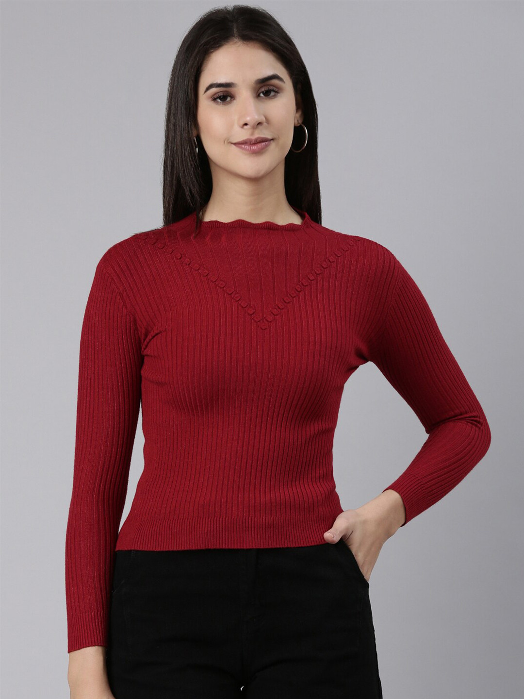 

SHOWOFF High Neck Long Sleeves Top, Maroon