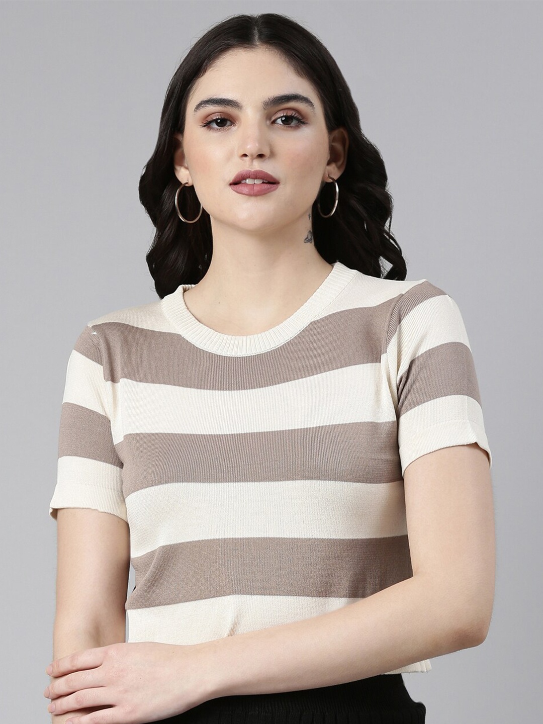 

SHOWOFF Striped Acrylic Round Neck Top, Cream