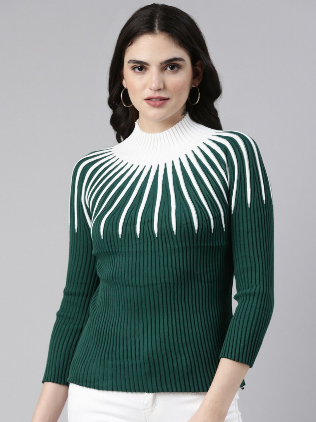 

SHOWOFF Geometric Self Design Acrylic High Neck Top, Green