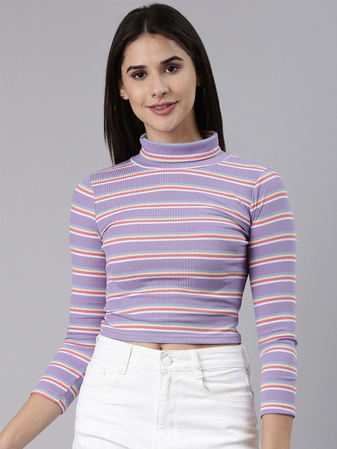 

SHOWOFF Turtle Neck Horizontal Striped Acrylic Crop Top, Lavender