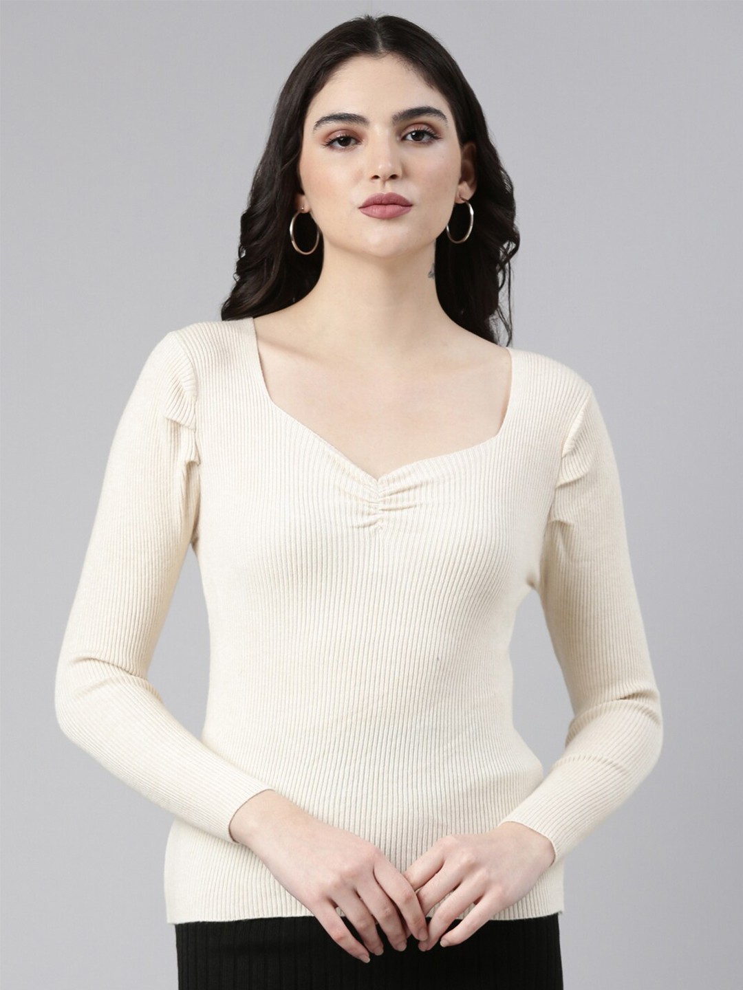 

SHOWOFF Sweetheart Neck Ribbed Fitted Top, Cream