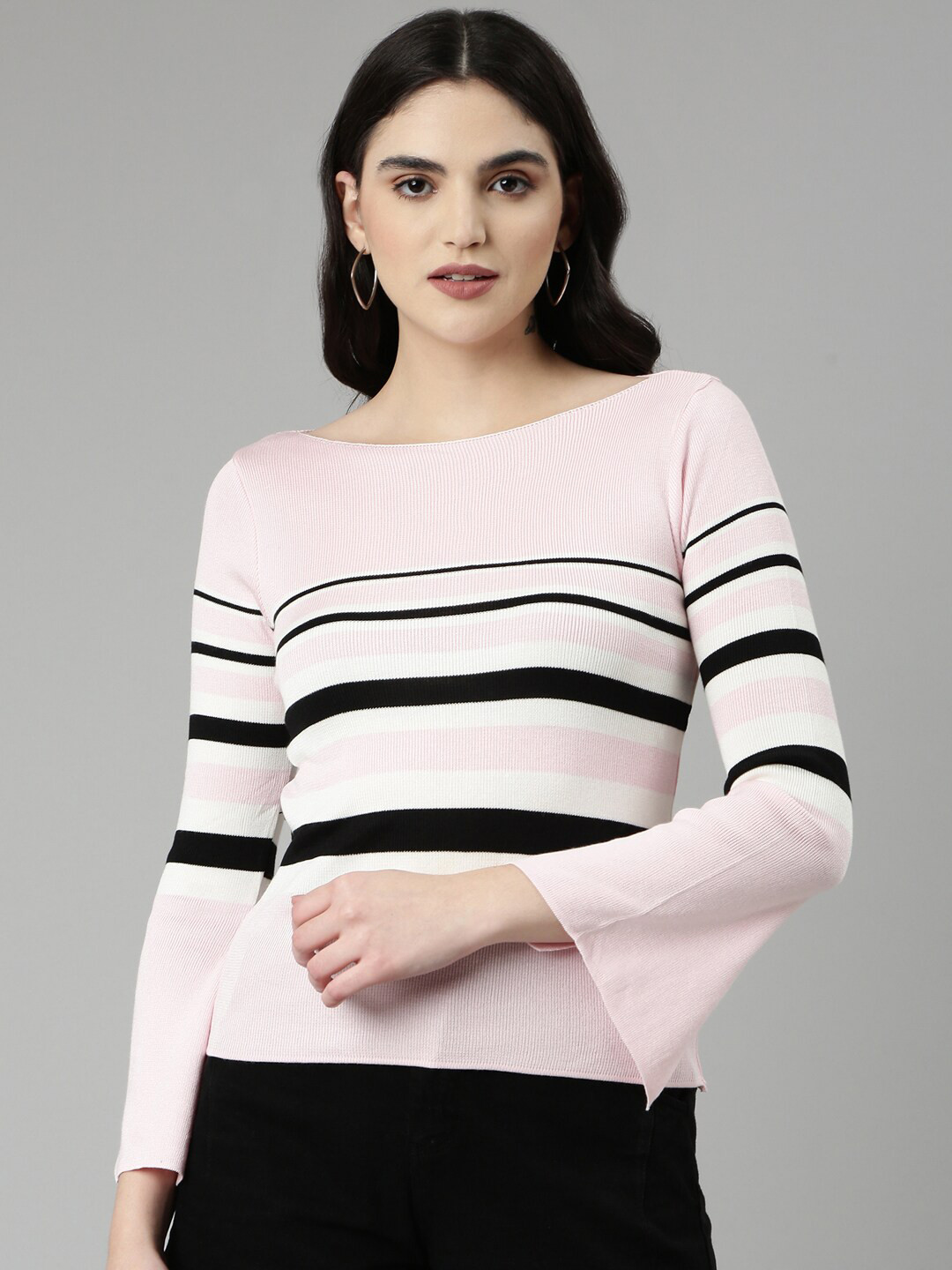 

SHOWOFF Striped Boat Neck Ribbed Top, Pink
