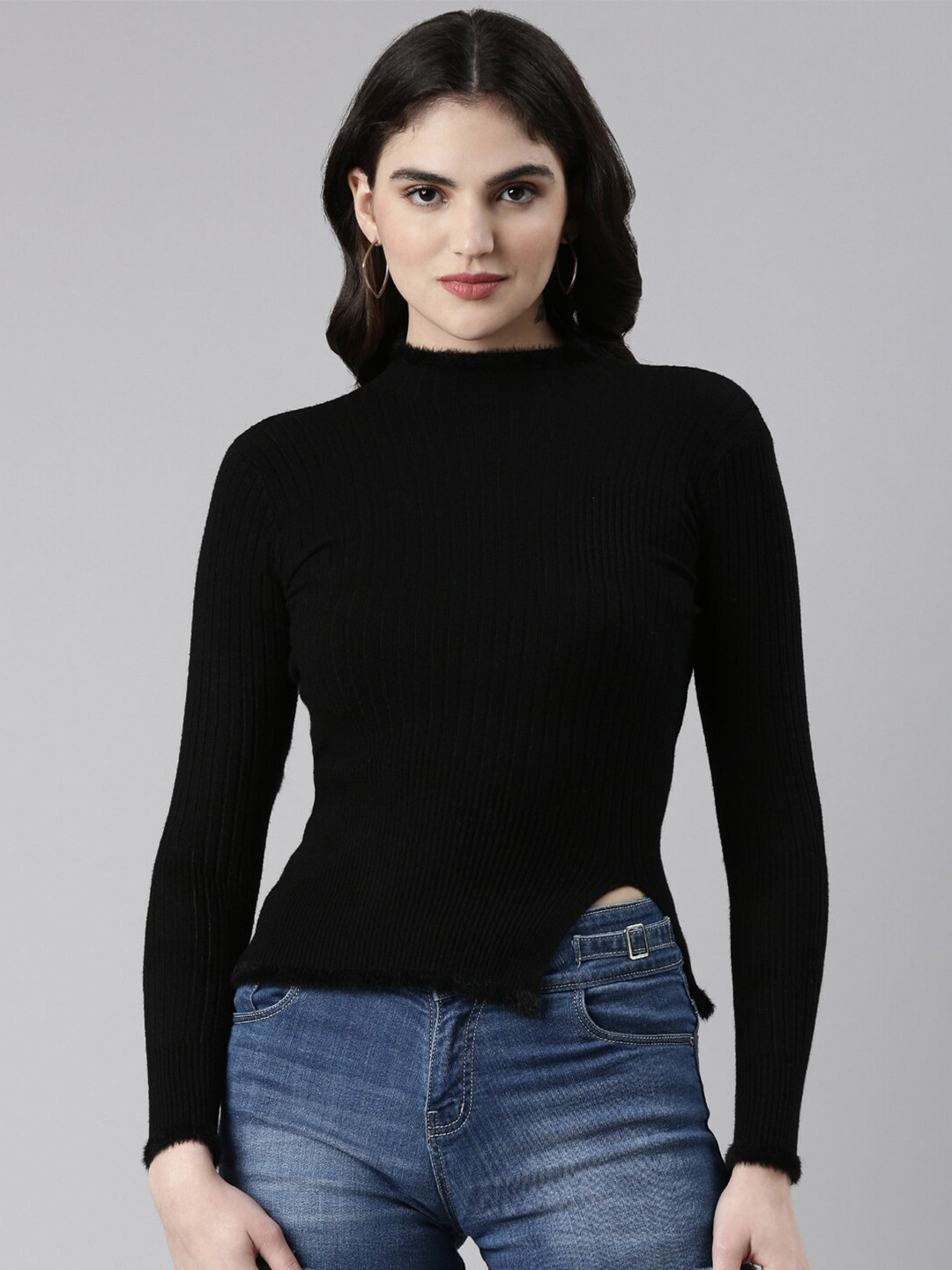 

SHOWOFF High Neck Ribbed Fitted Top, Black