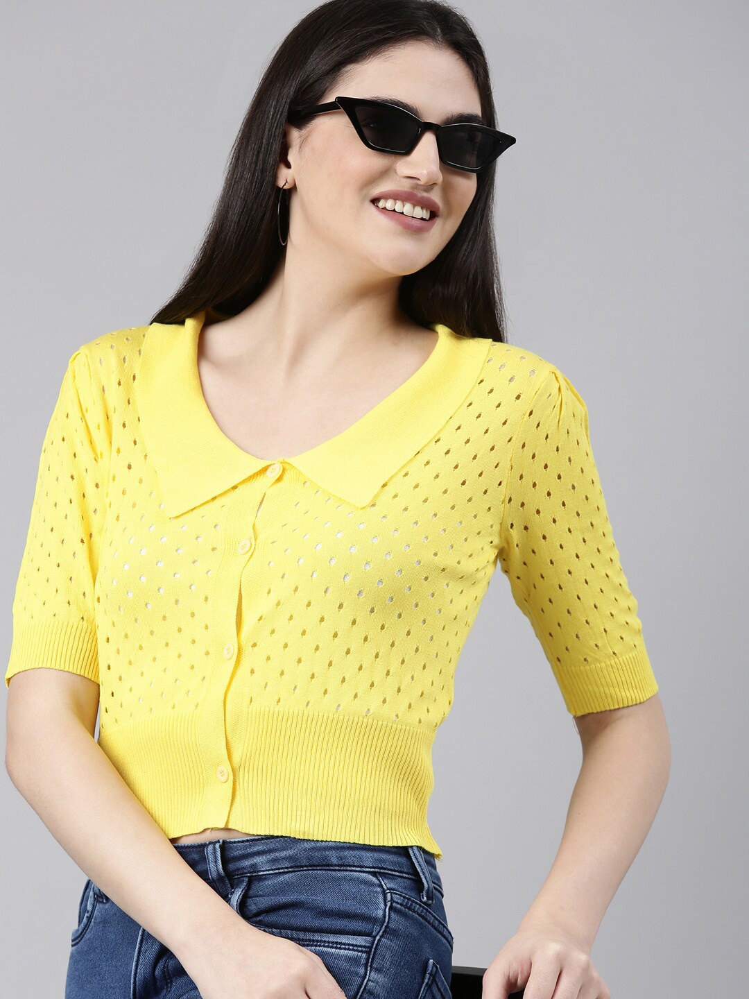 

SHOWOFF Self Design Shirt Style Top, Yellow