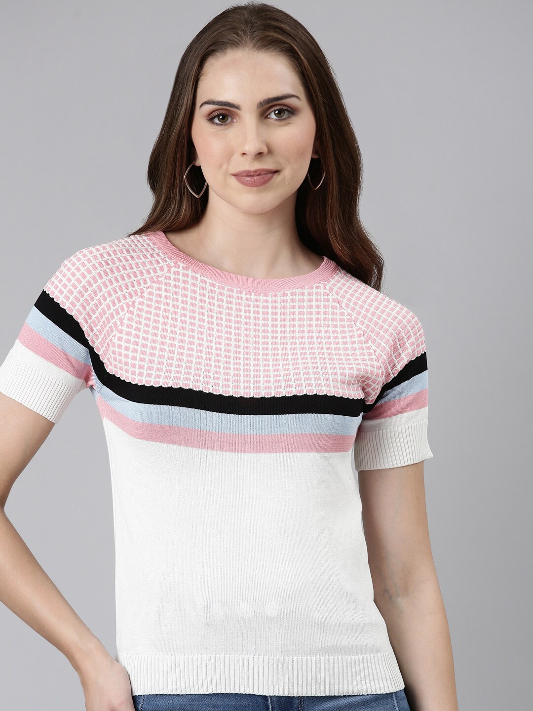 

SHOWOFF Striped Round Neck Ribbed Top, White