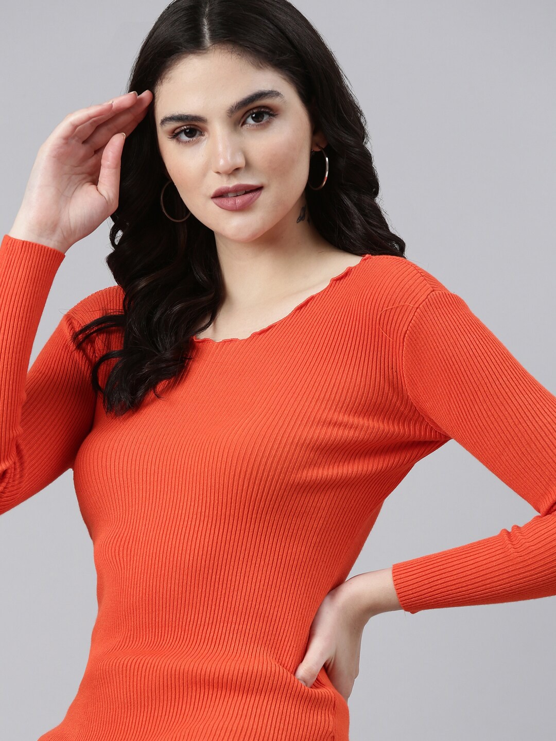 

SHOWOFF Round Neck Ribbed Fitted Top, Orange