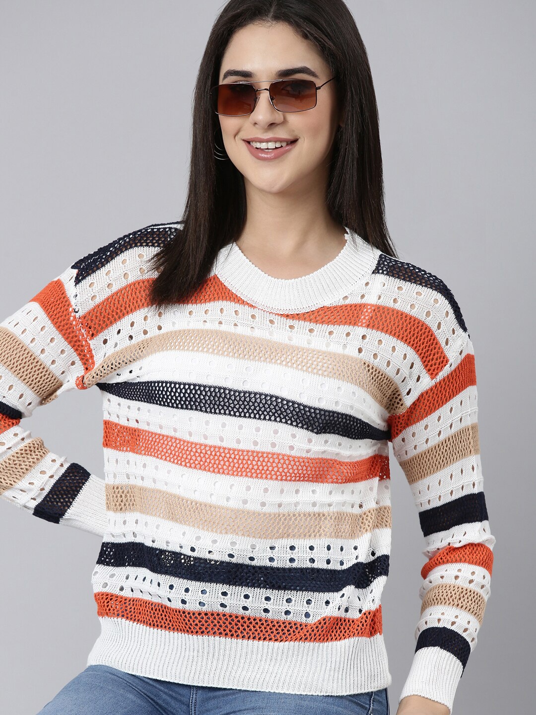 

SHOWOFF Striped Woollen Crochet Top, White