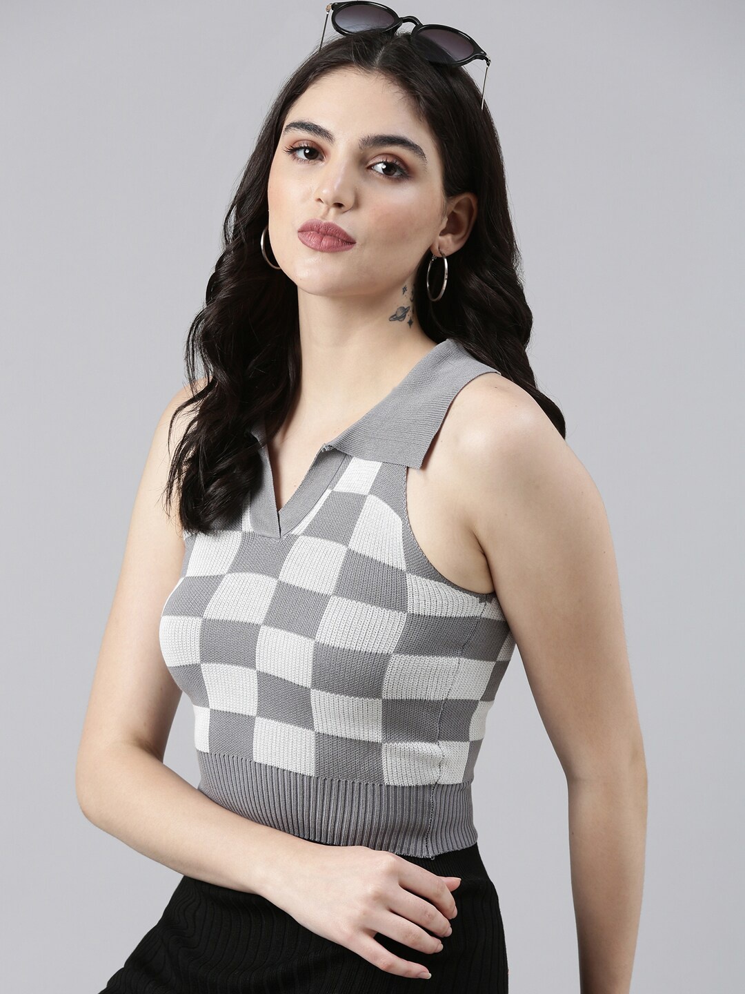 

SHOWOFF Checked Shirt Collar Fitted Crop Top, Grey