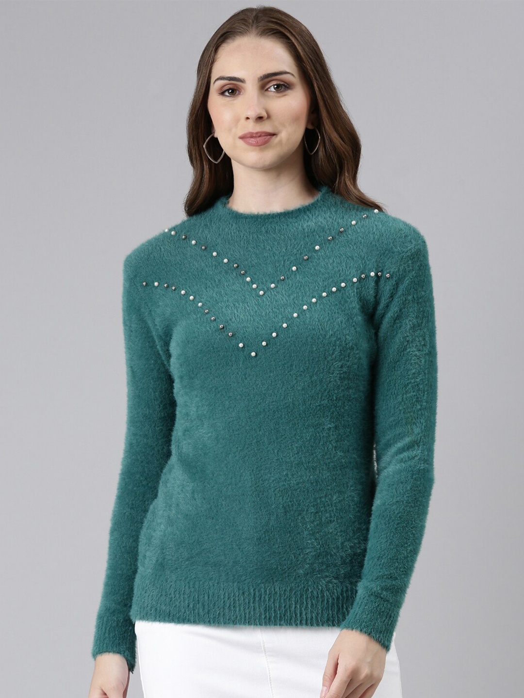 

SHOWOFF High Neck Pearl Studded Woollen Top, Green