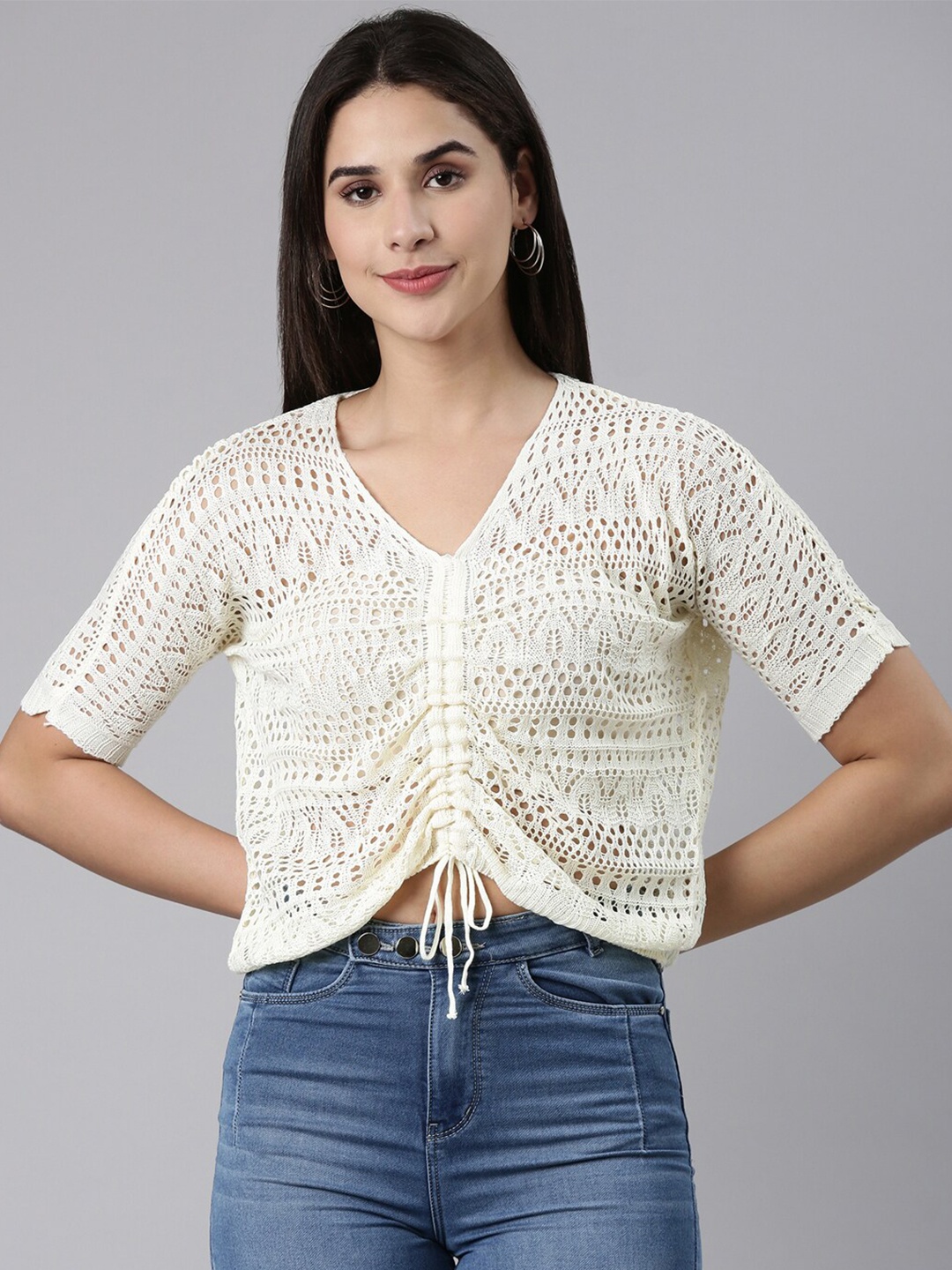 

SHOWOFF Self Design Woollen Ruched Top, Cream