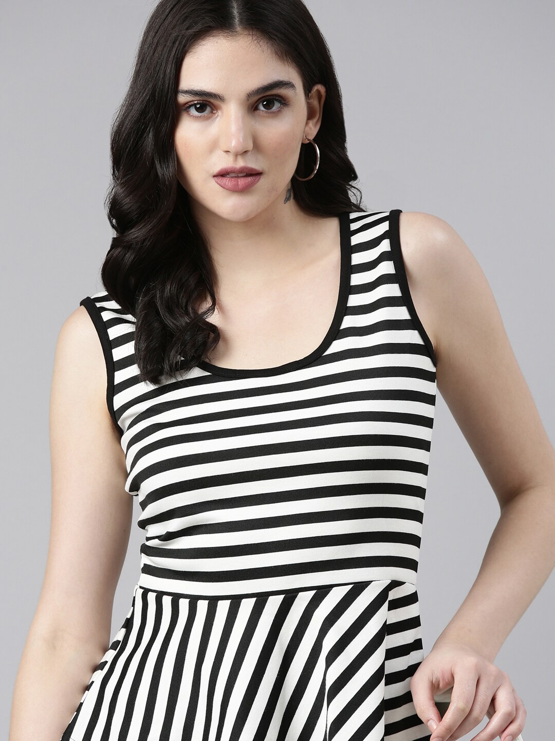 

SHOWOFF Striped Sleeveless Peplum Top, Black