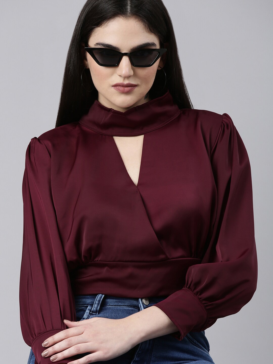 

SHOWOFF Keyhole Neck Puff Sleeves Wrap Satin Crop Top, Violet