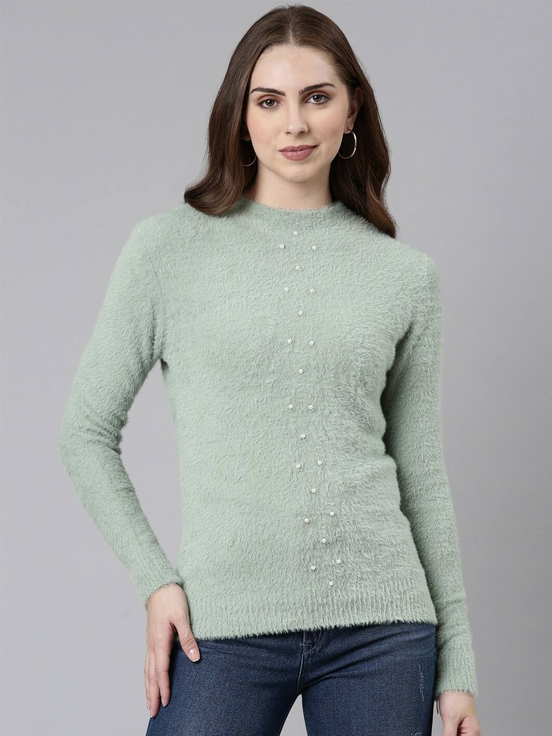 

SHOWOFF High Neck Long Sleeves Studded Woollen Top, Sea green
