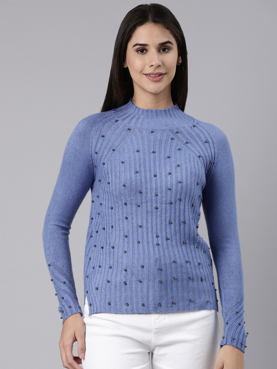 

SHOWOFF High Neck Raglan Sleeves Studded Fitted Top, Blue