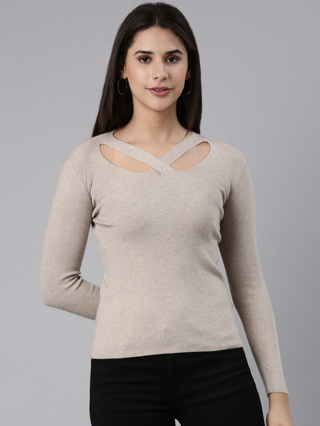 

SHOWOFF Long Sleeves V-Neck Cut Out Detail Fitted Top, Taupe