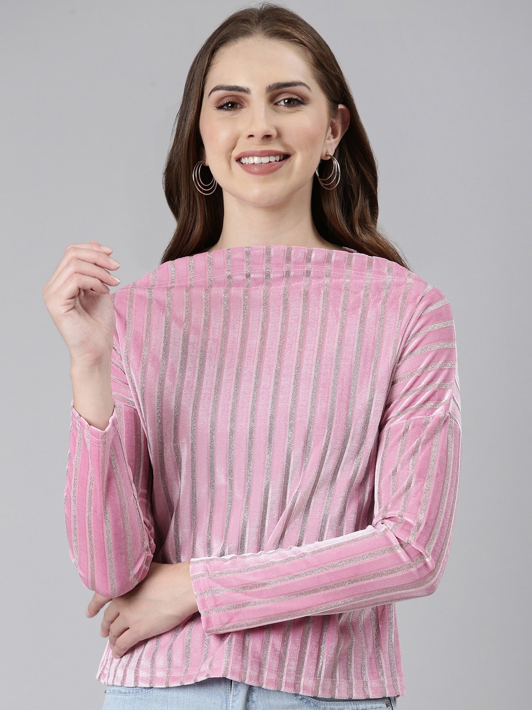 

SHOWOFF Striped Embellished Boat Neck Extended Sleeves Velvet Top, Pink
